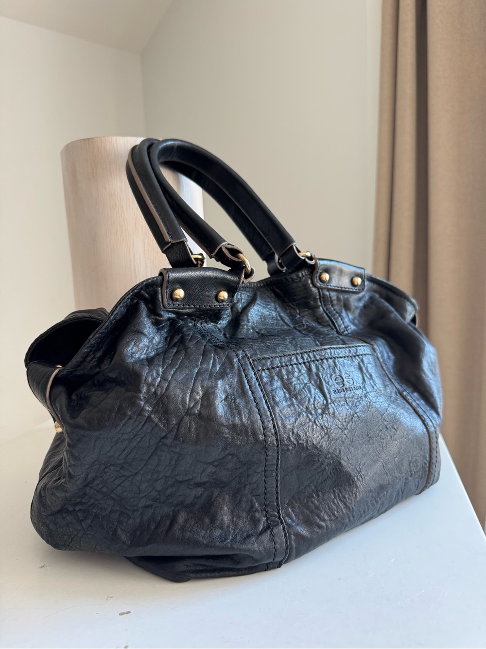 Elena Ghisellini Vintage Black Wrinkled Leather Slouchy Satchel Bag